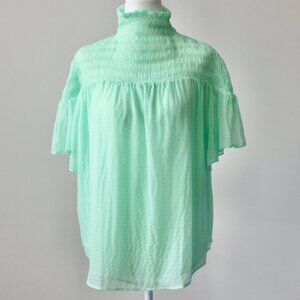 Ann Taylor Lime Green Sheer Smocked Turtleneck Flowy Blouse Top Small